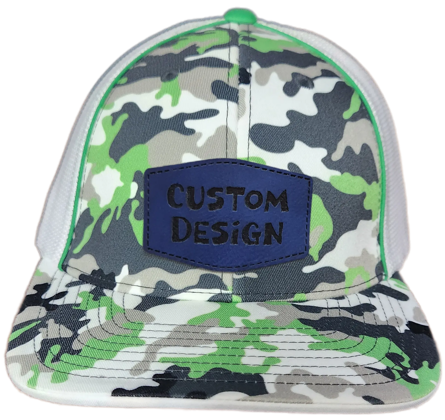 Custom Patch - Pacific Headwear Glamo Mesh Flex Fit Trucker Cap - GREEN/WHITE/BLACK/CAMO