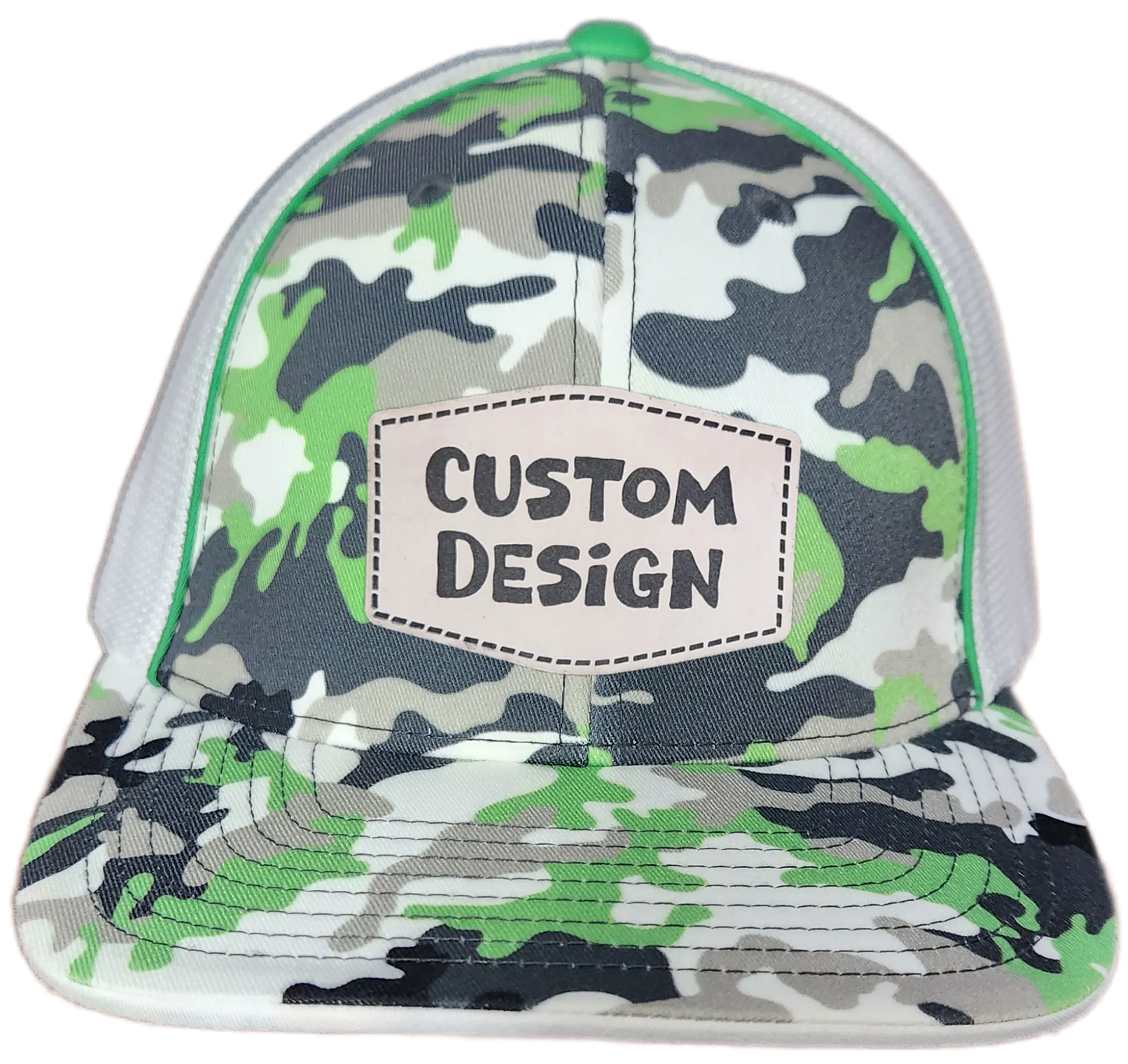 Custom Patch - Pacific Headwear Glamo Mesh Flex Fit Trucker Cap - GREEN/WHITE/BLACK/CAMO