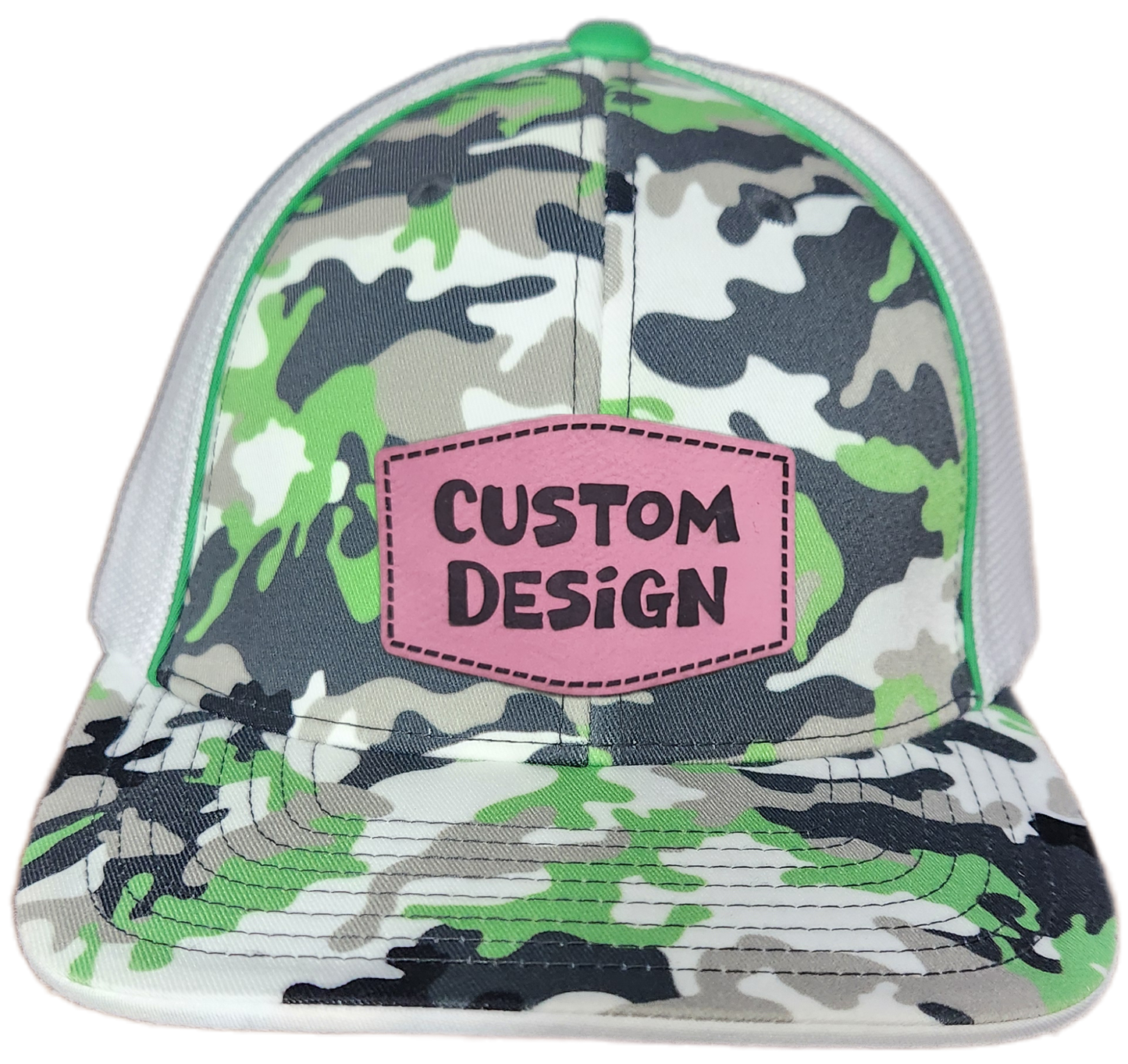 Custom Patch - Pacific Headwear Glamo Mesh Flex Fit Trucker Cap - GREEN/WHITE/BLACK/CAMO