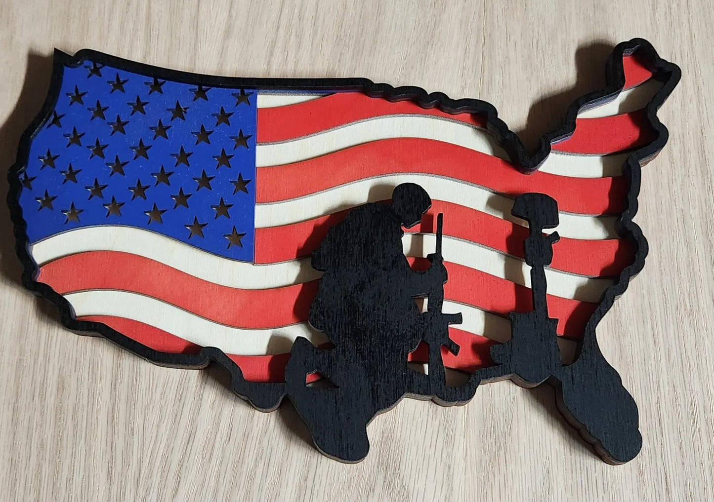 Laser Cut/Handcrafted plaque - Baltic Birch Kneeling Soldier - USA Smalltown ConnEtchin