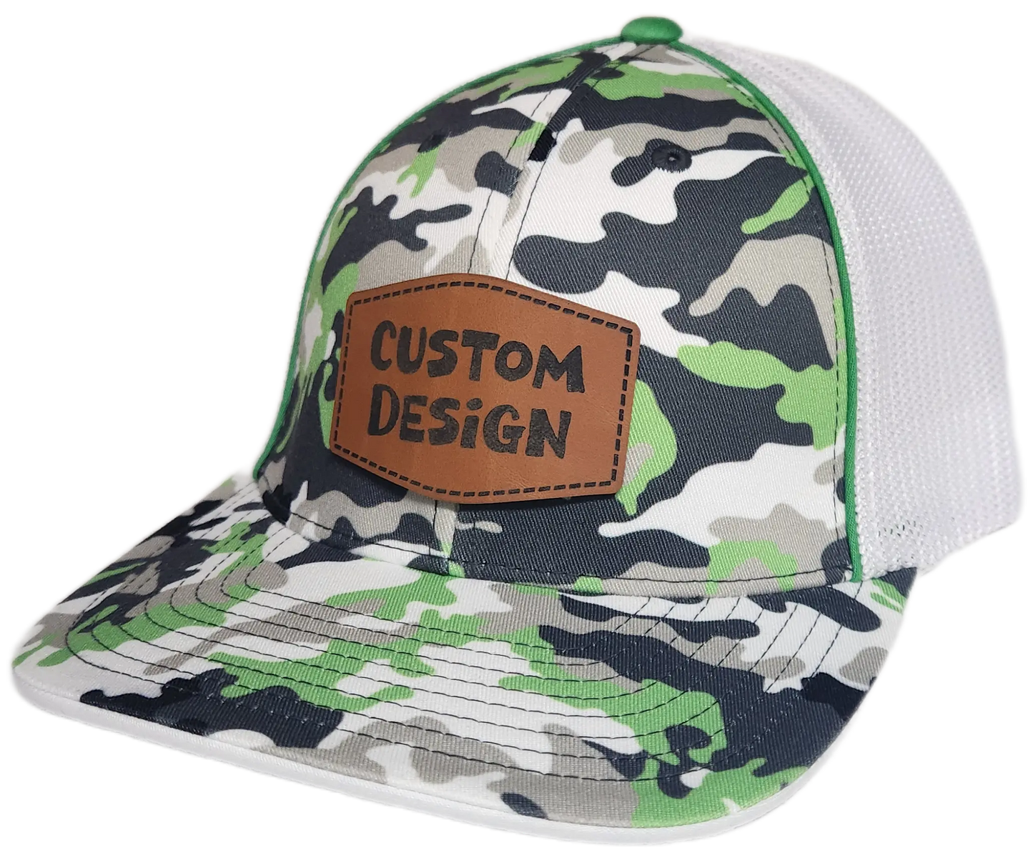 Custom Patch - Pacific Headwear Glamo Mesh Flex Fit Trucker Cap - GREEN/WHITE/BLACK/CAMO