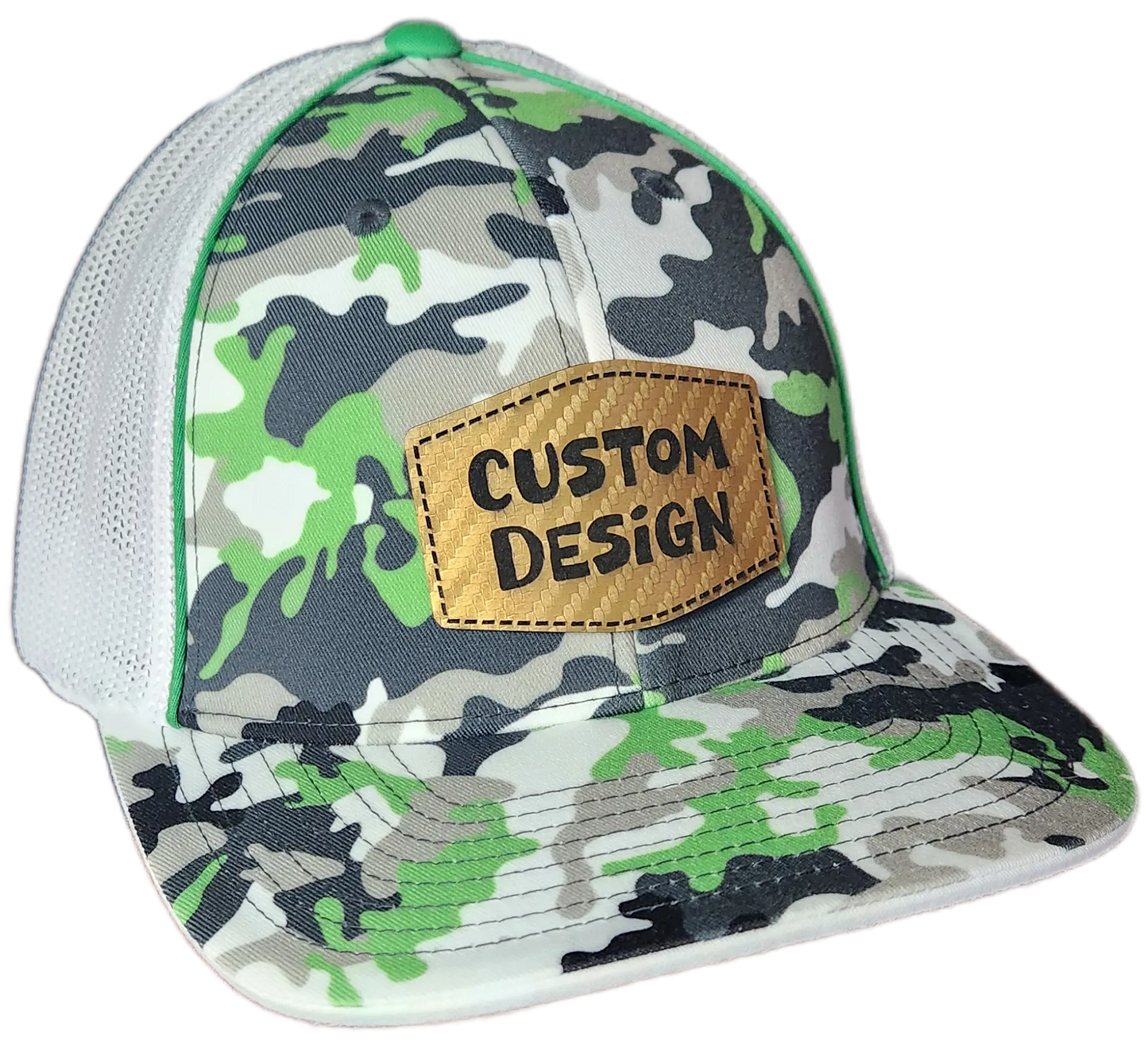Custom Patch - Pacific Headwear Glamo Mesh Flex Fit Trucker Cap - GREEN/WHITE/BLACK/CAMO