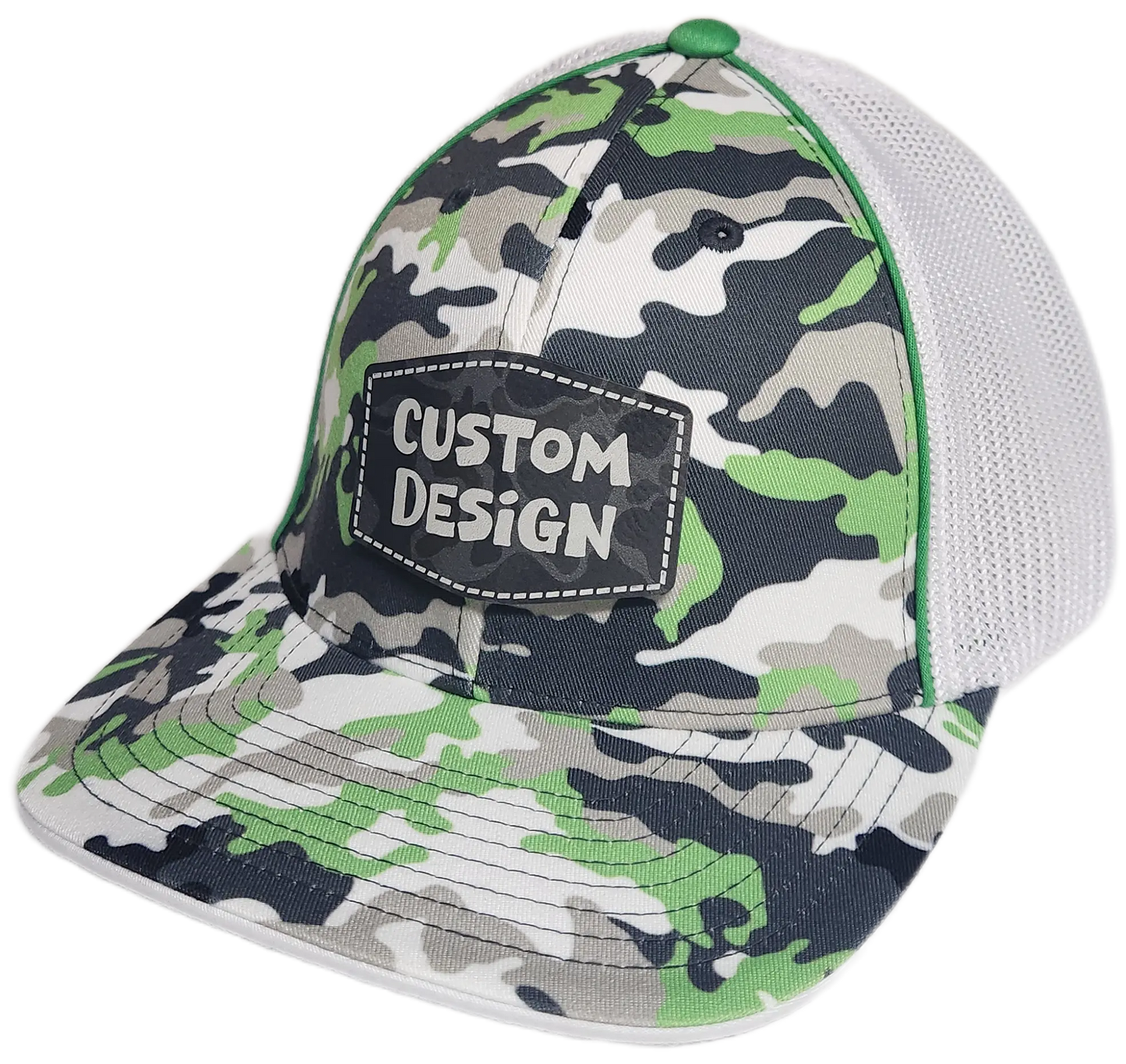 Custom Patch - Pacific Headwear Glamo Mesh Flex Fit Trucker Cap - GREEN/WHITE/BLACK/CAMO