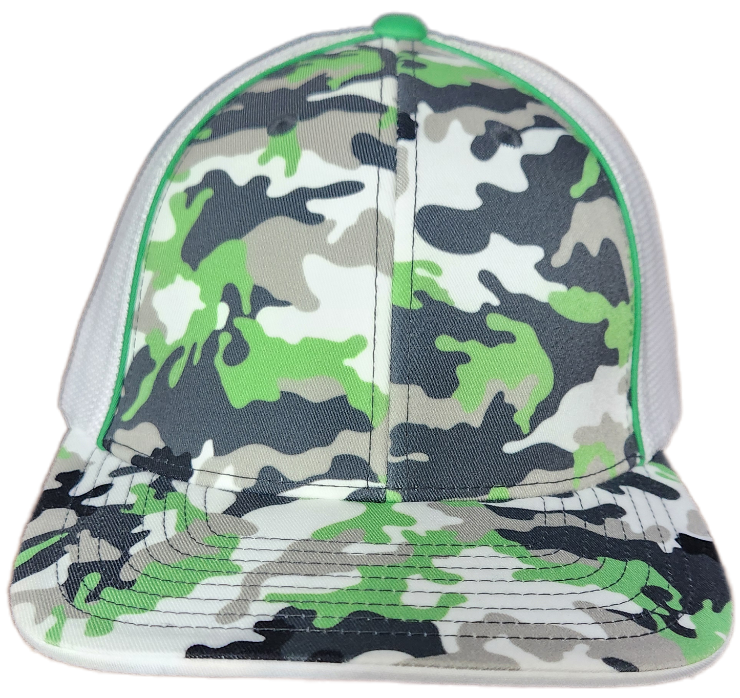 Custom Patch - Pacific Headwear Glamo Mesh Flex Fit Trucker Cap - GREEN/WHITE/BLACK/CAMO