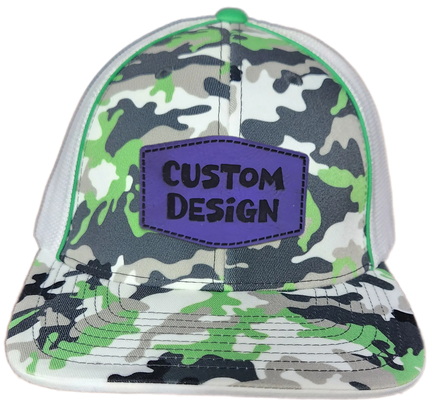 Custom Patch - Pacific Headwear Glamo Mesh Flex Fit Trucker Cap - GREEN/WHITE/BLACK/CAMO