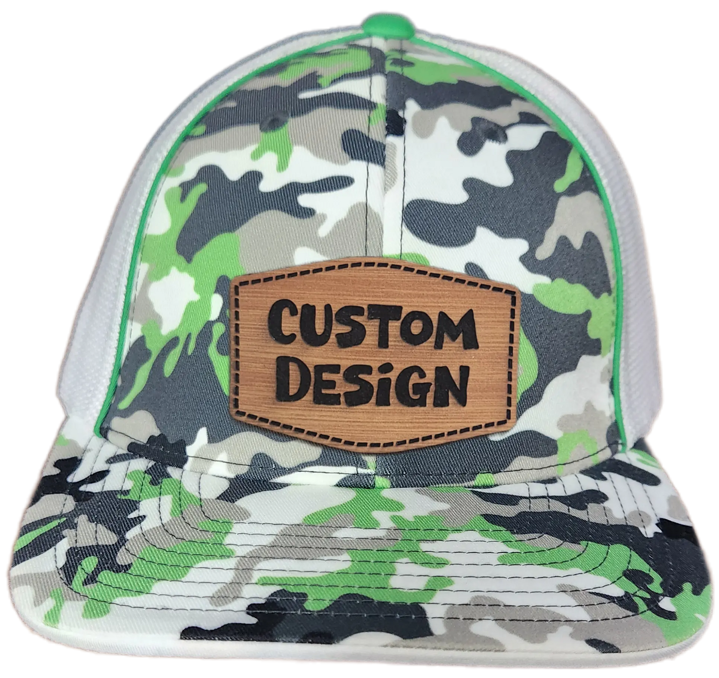 Custom Patch - Pacific Headwear Glamo Mesh Flex Fit Trucker Cap - GREEN/WHITE/BLACK/CAMO