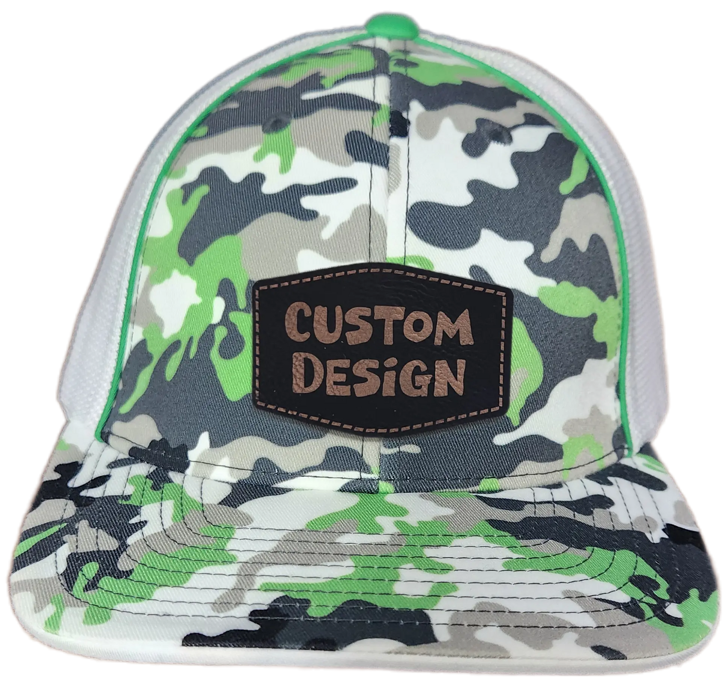 Custom Patch - Pacific Headwear Glamo Mesh Flex Fit Trucker Cap - GREEN/WHITE/BLACK/CAMO