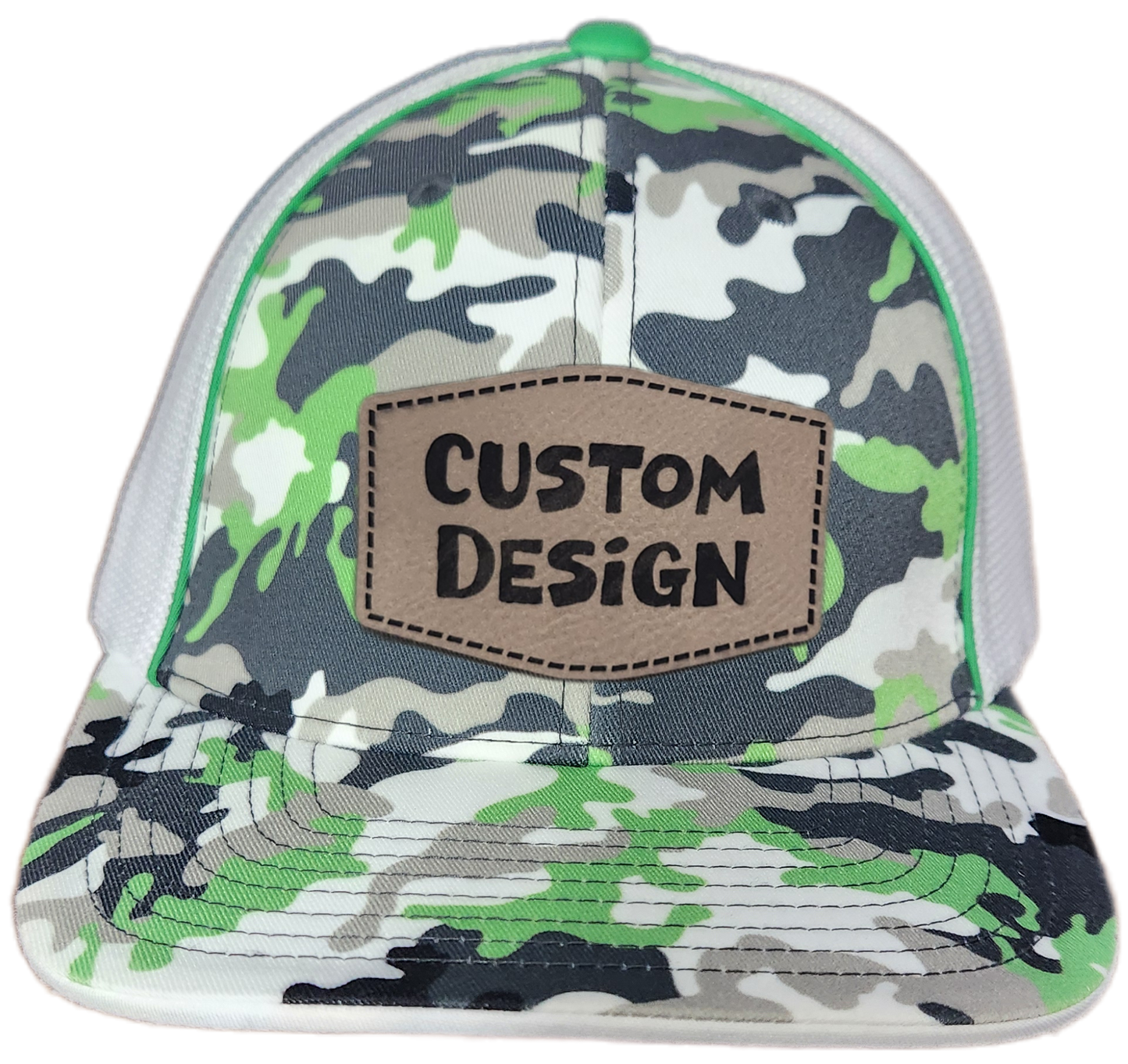 Custom Patch - Pacific Headwear Glamo Mesh Flex Fit Trucker Cap - GREEN/WHITE/BLACK/CAMO