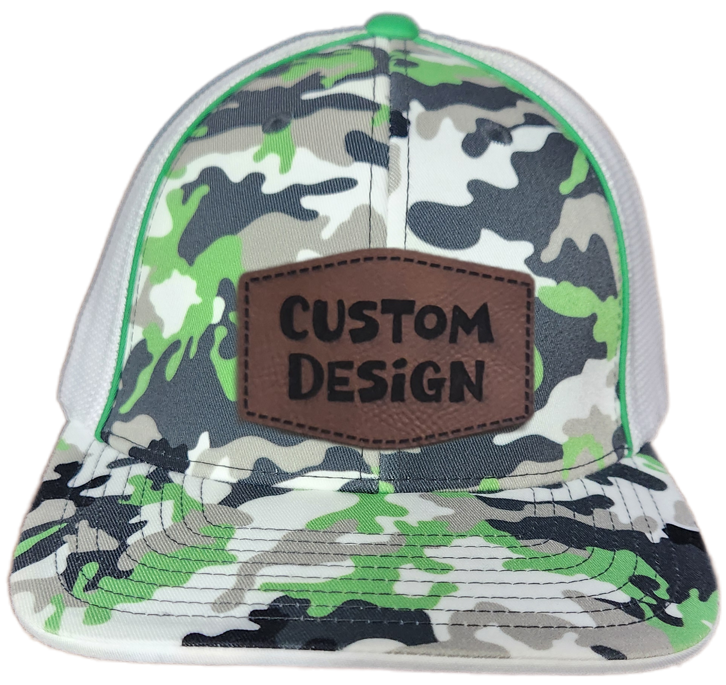 Custom Patch - Pacific Headwear Glamo Mesh Flex Fit Trucker Cap - GREEN/WHITE/BLACK/CAMO