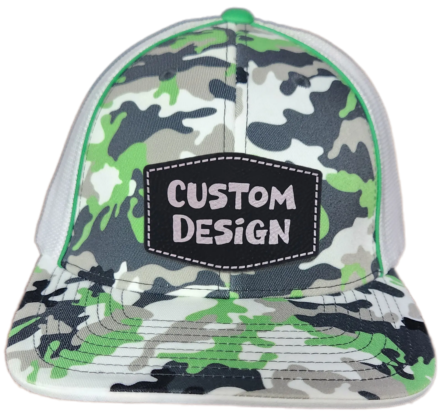 Custom Patch - Pacific Headwear Glamo Mesh Flex Fit Trucker Cap - GREEN/WHITE/BLACK/CAMO