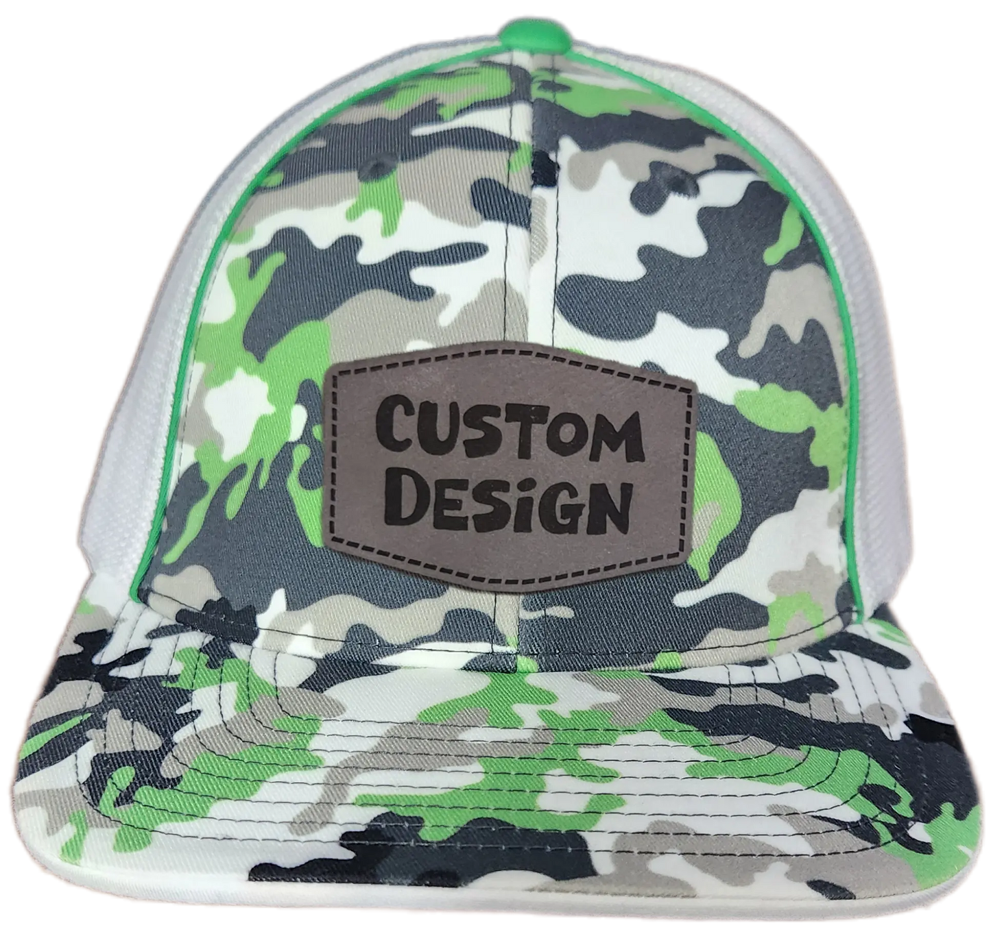 Custom Patch - Pacific Headwear Glamo Mesh Flex Fit Trucker Cap - GREEN/WHITE/BLACK/CAMO