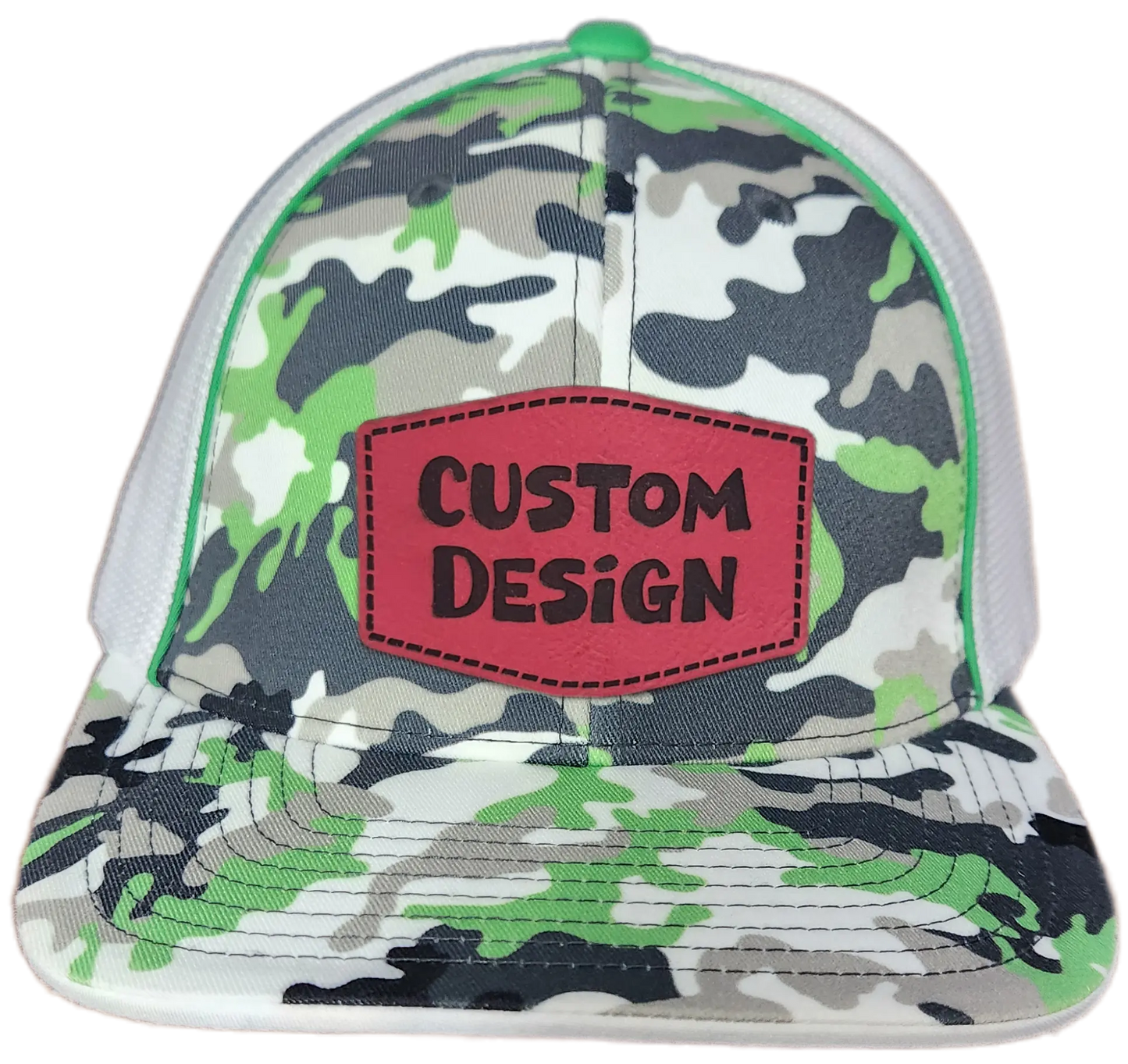 Custom Patch - Pacific Headwear Glamo Mesh Flex Fit Trucker Cap - GREEN/WHITE/BLACK/CAMO