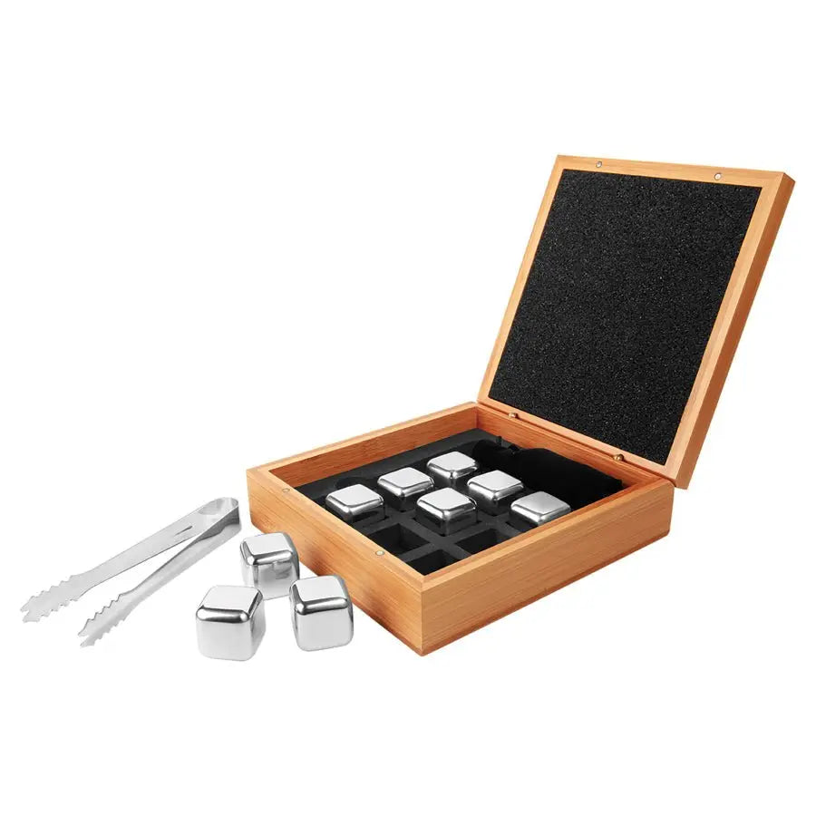 6 1/4" x 6 3/4" Stainless Steel Whiskey Stone Set in Bamboo Case - Smalltown Connetchin