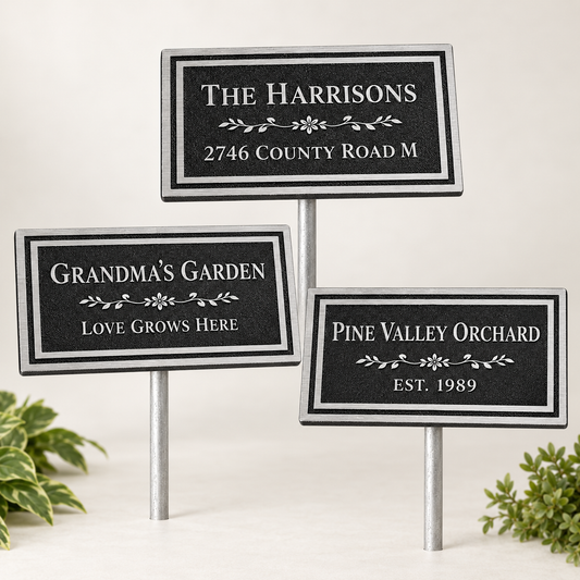Three personalized black garden stake signs with silver borders and silver metal stakes, displayed on a light beige surface with decorative green plants in the corners. The signs read 'THE HARRISONS 2746 COUNTY ROAD M', 'GRANDMA'S GARDEN LOVE GROWS HERE', and 'PINE VALLEY ORCHARD EST.