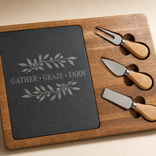 A wooden serving tray set with a dark slate board engraved with 'GATHER • GRAZE • ENJOY' and leaf motifs, plus three metal cheese knives with light wood handles.