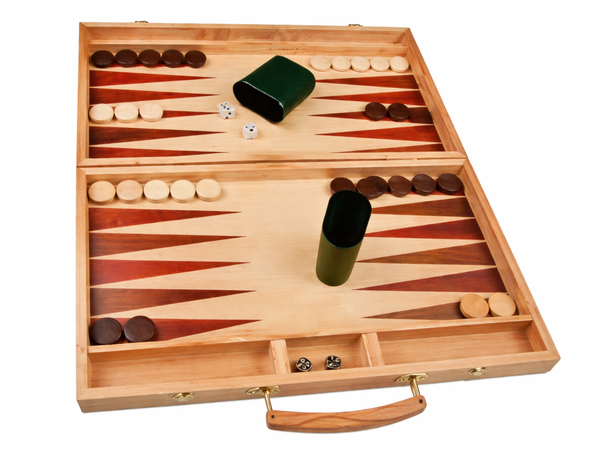 A personalized wooden backgammon set is displayed open, featuring a smooth game board with contrasting red and natural triangular patterns.