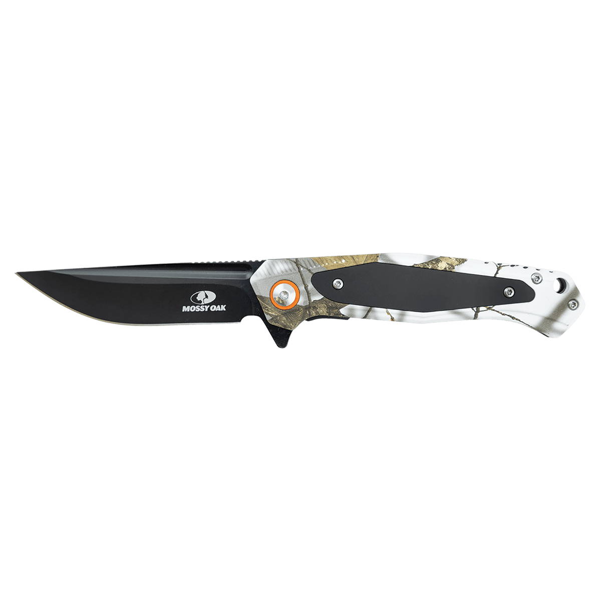 Bison River BR1074 white Mossy Oak camo everyday carry knife shown without custom engraving.