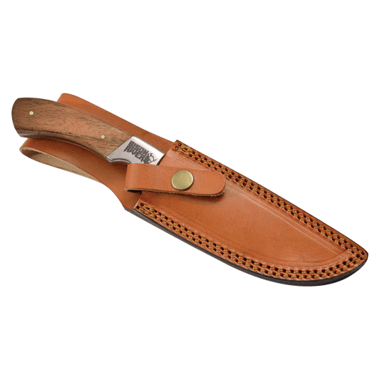 Brown leather knife sheath with wooden handle on a transparent background