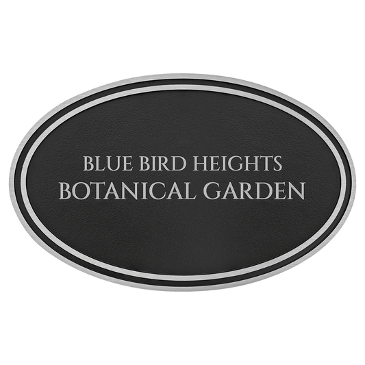 Custom Etched Cast Aluminum Oval Sign - Silver / Black - Ground Sign Stake