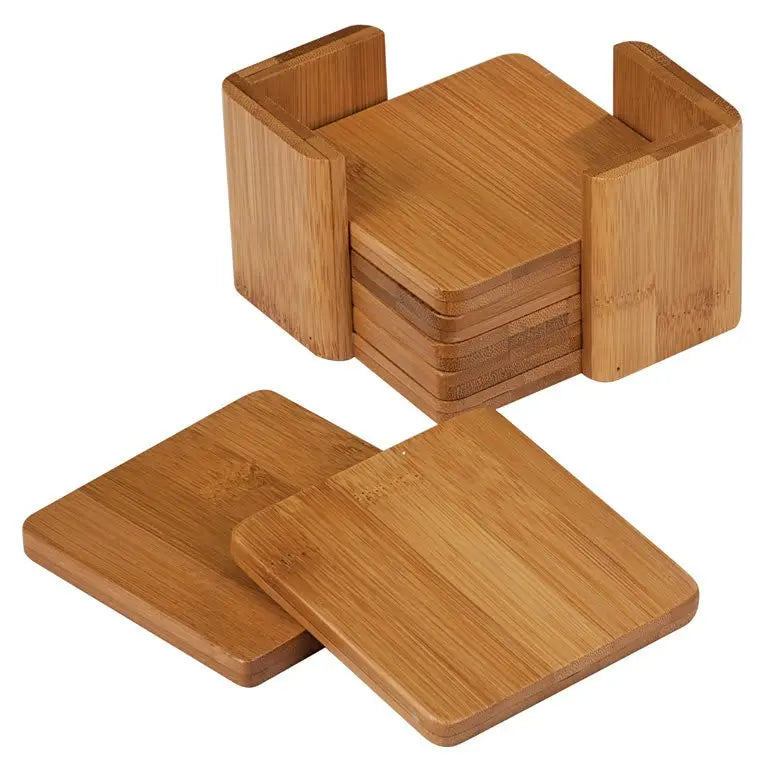 Bamboo Square or Round 6-Coaster Set with Holder - 3 3/4" - Custom JDS