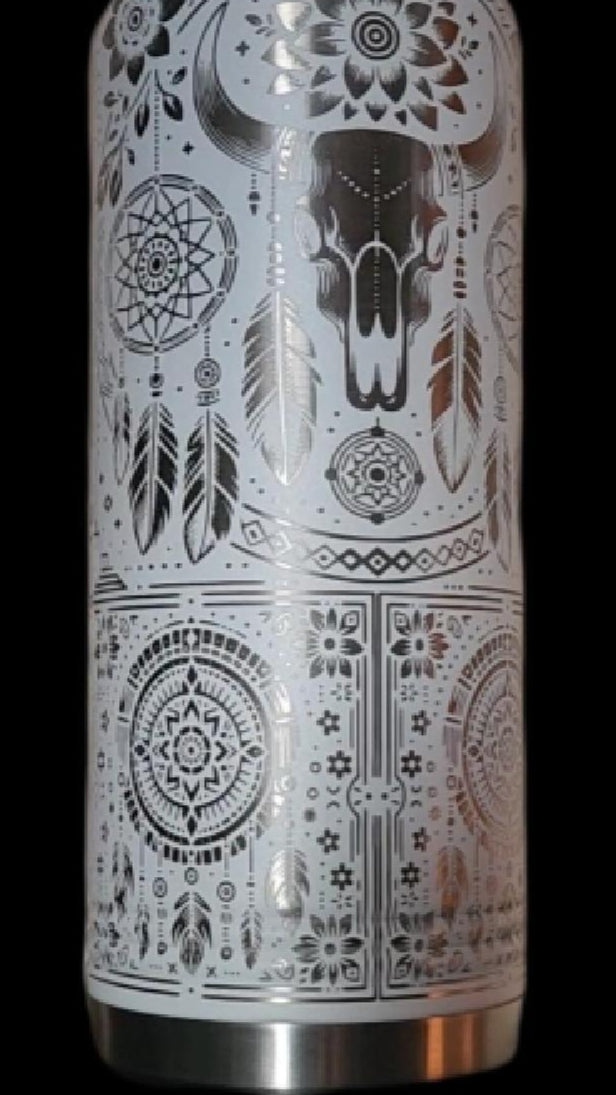 Cow Skull - BOHO - 20 Ounce Laser Etched Stainless Bottle w/ straw JDS