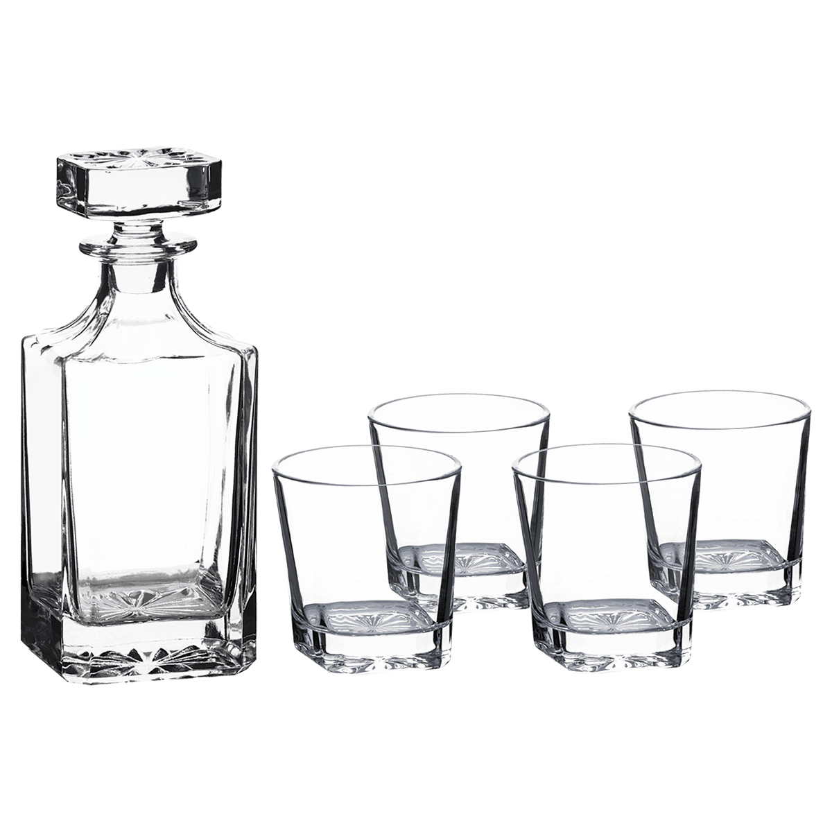 Blank square glass decanter and four rocks glasses