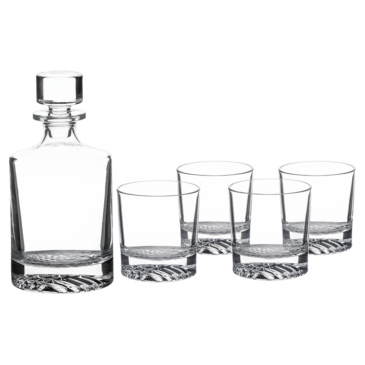 Blank round glass decanter and four rocks glasses