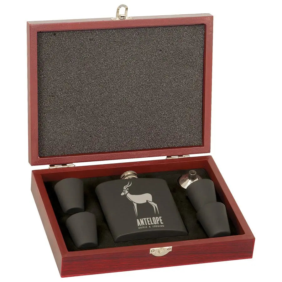 Matte Black Flask Set (6pc) in Wood Presentation Box - 6 oz. - Custom JDS