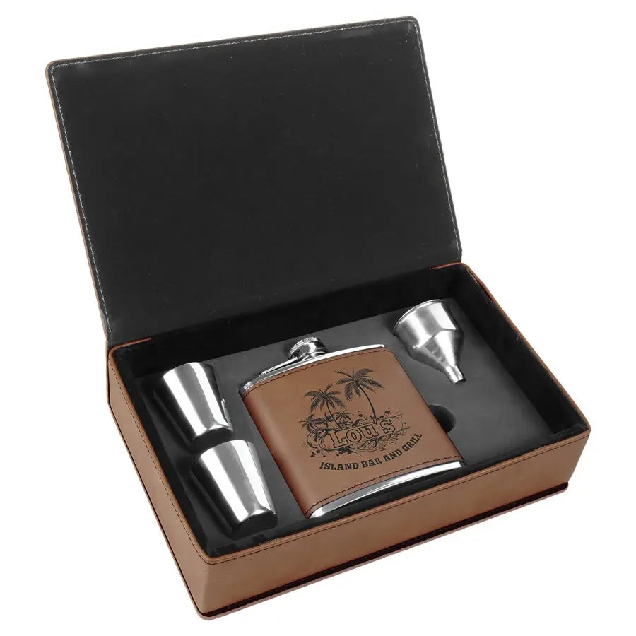 Leatherette Flask Gift Set 6 oz. (4pc) - Custom JDS