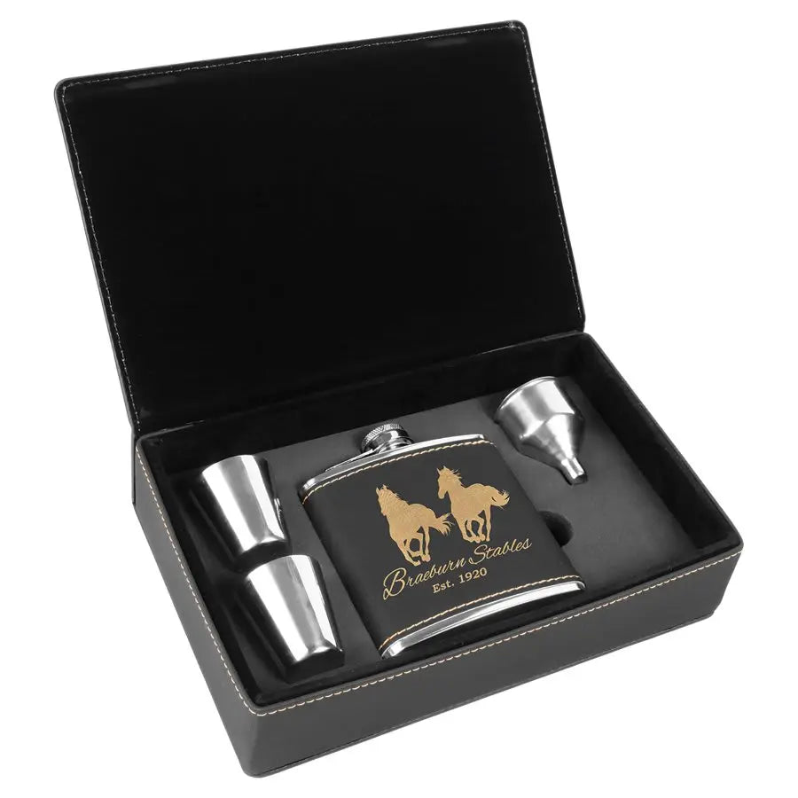 Leatherette Flask Gift Set 6 oz. (4pc) - Custom JDS
