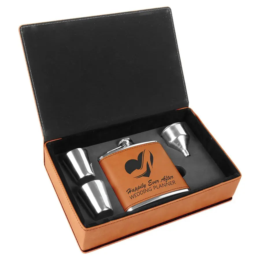 Leatherette Flask Gift Set 6 oz. (4pc) - Custom JDS