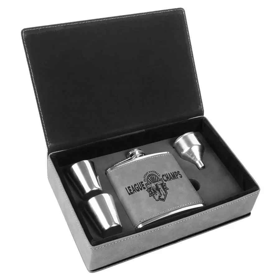 Leatherette Flask Gift Set 6 oz. (4pc) - Custom JDS