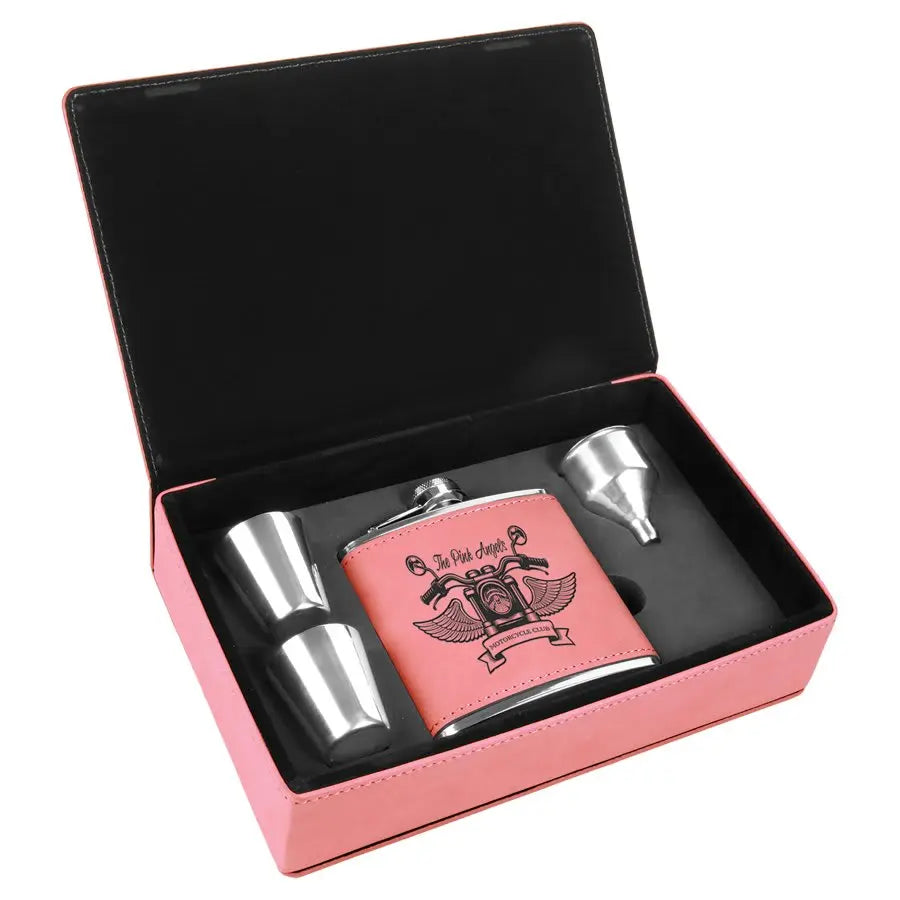 Leatherette Flask Gift Set 6 oz. (4pc) - Custom JDS