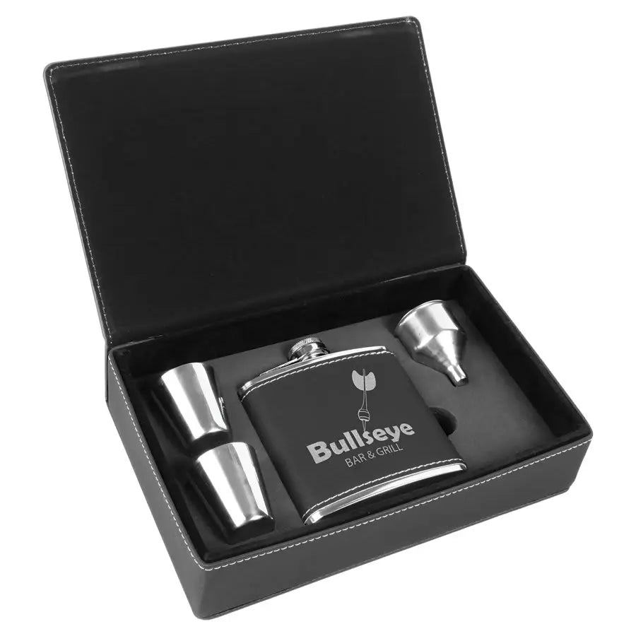 Leatherette Flask Gift Set 6 oz. (4pc) - Custom JDS