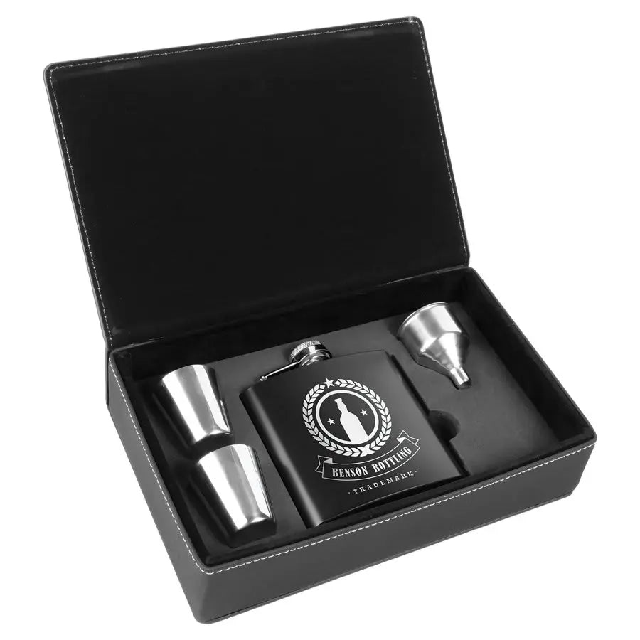 Leatherette Flask Gift Set 6 oz. (4pc) - Custom JDS