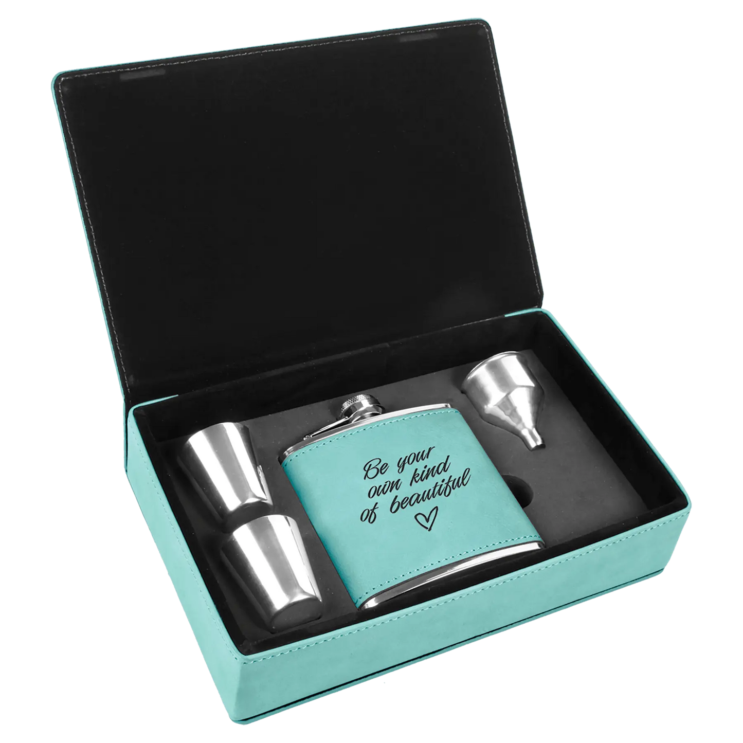 Leatherette Flask Gift Set 6 oz. (4pc) - Custom JDS