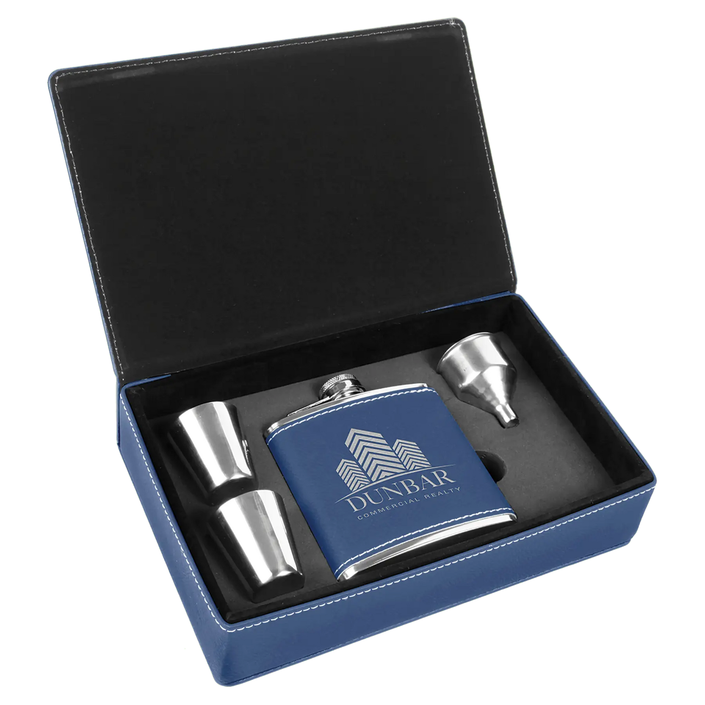 Leatherette Flask Gift Set 6 oz. (4pc) - Custom JDS