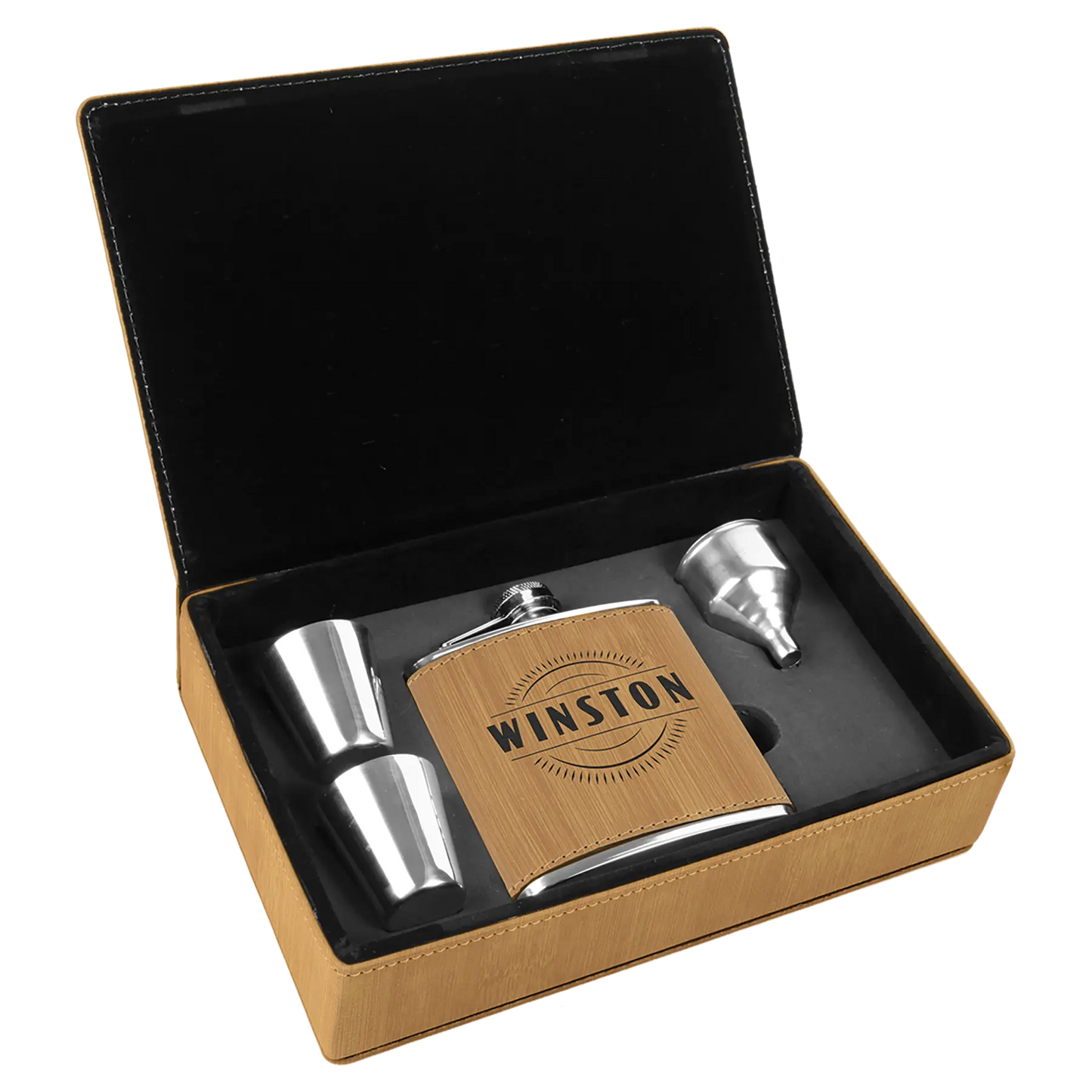 Leatherette Flask Gift Set 6 oz. (4pc) - Custom JDS