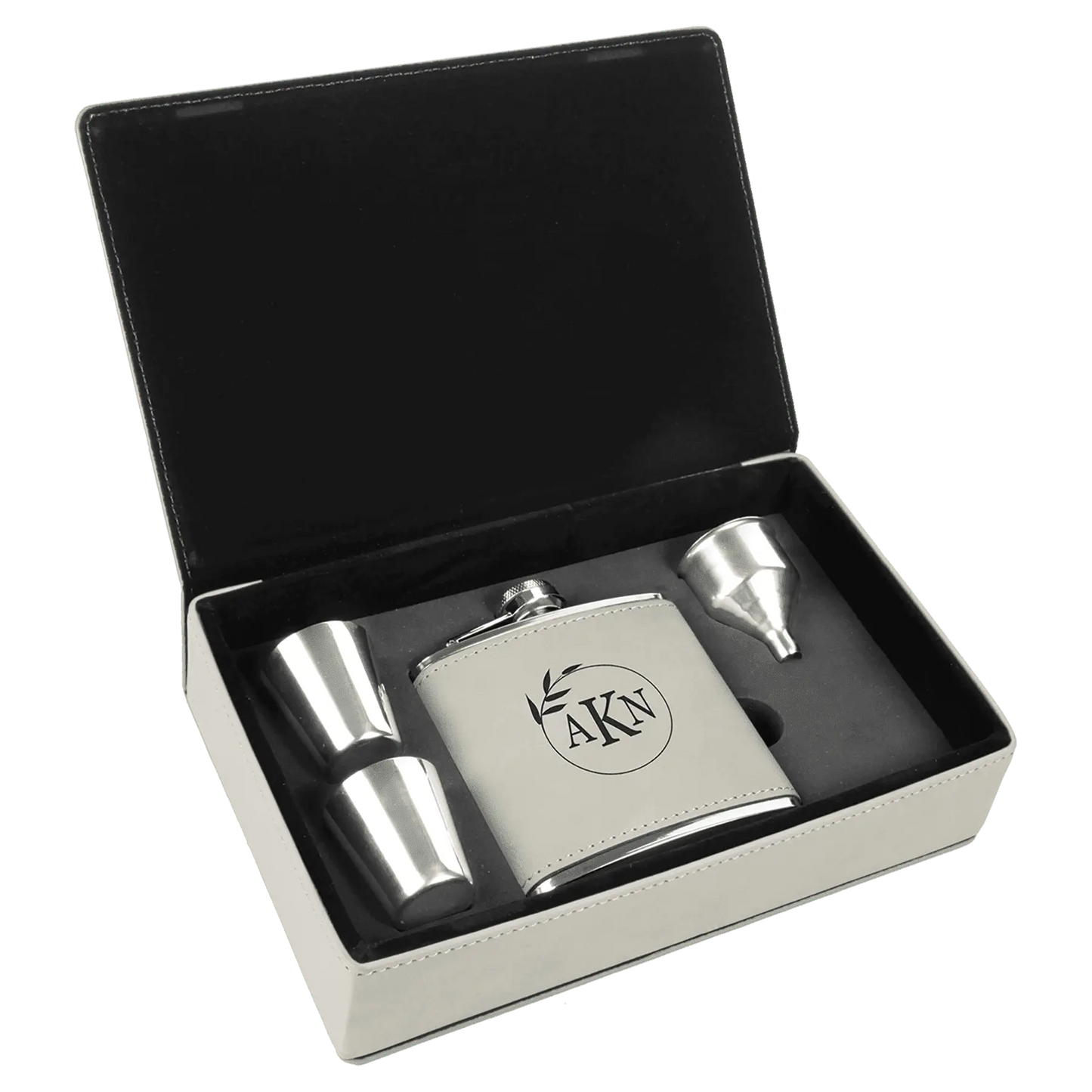 Leatherette Flask Gift Set 6 oz. (4pc) - Custom JDS