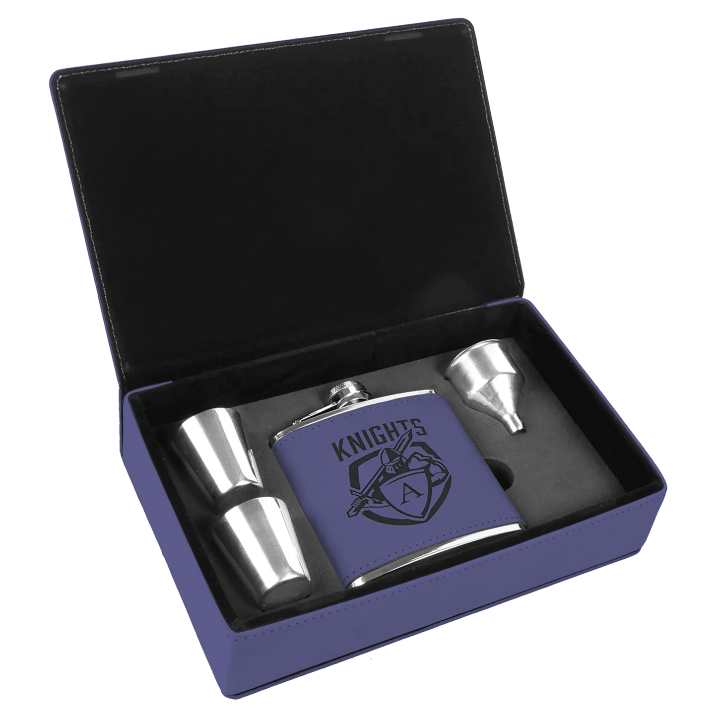 Leatherette Flask Gift Set 6 oz. (4pc) - Custom JDS