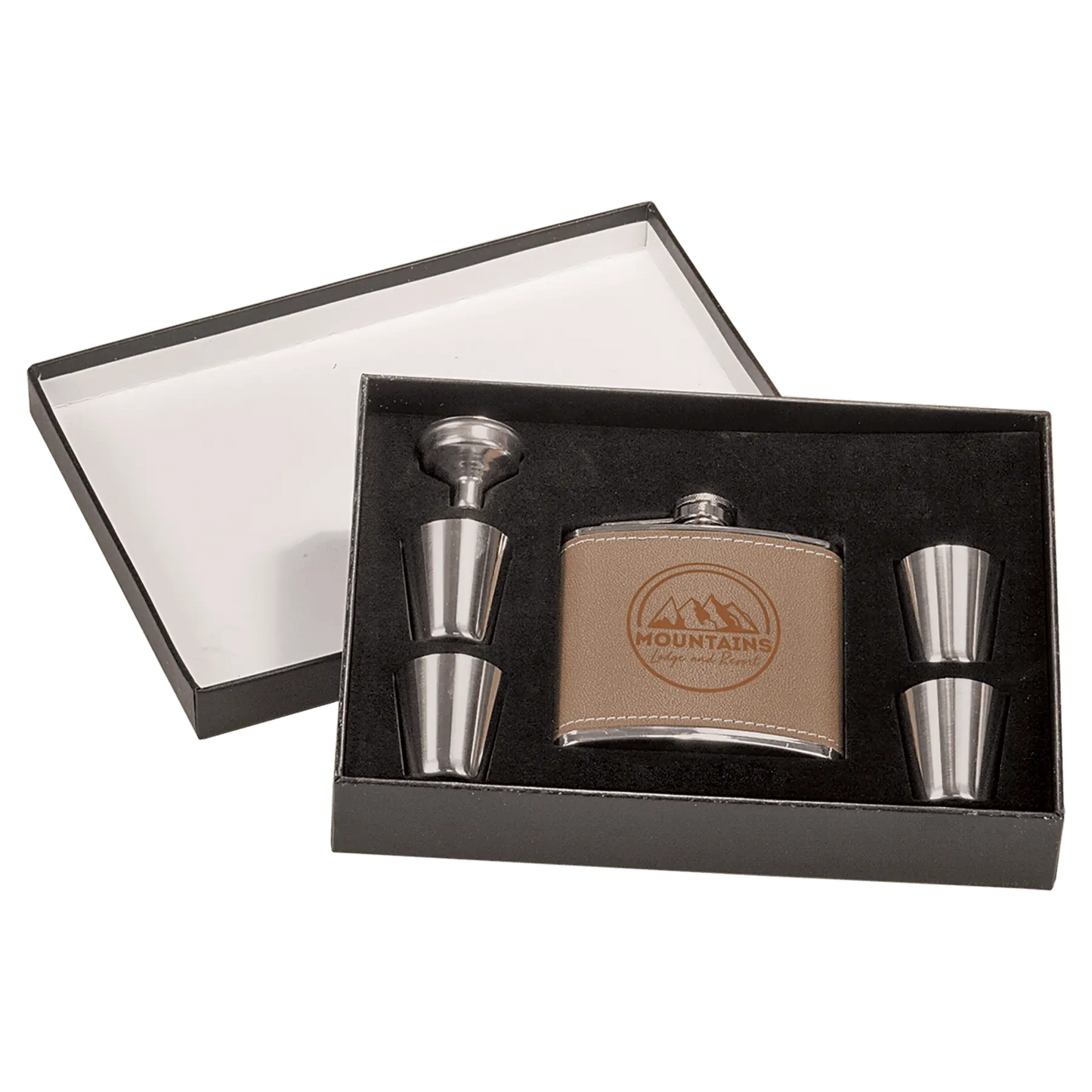 Leather Flask Set (6pc) in Black Presentation Box 6 oz. - Custom JDS