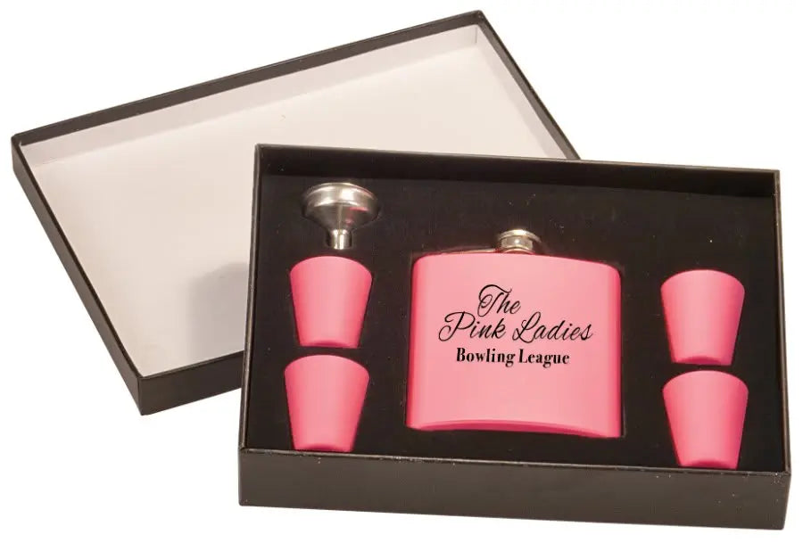 Matte Pink Flask Set (6pc) in Black Presentation Box - 6 oz. - Custom JDS