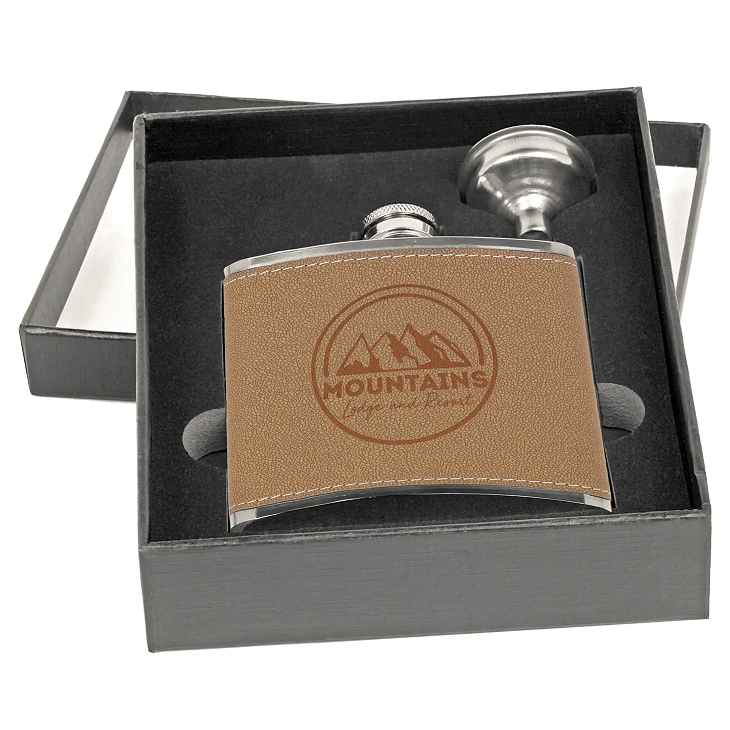 Leather Flask Set (2pc) in Black Presentation Box - 6 oz. - Custom JDS