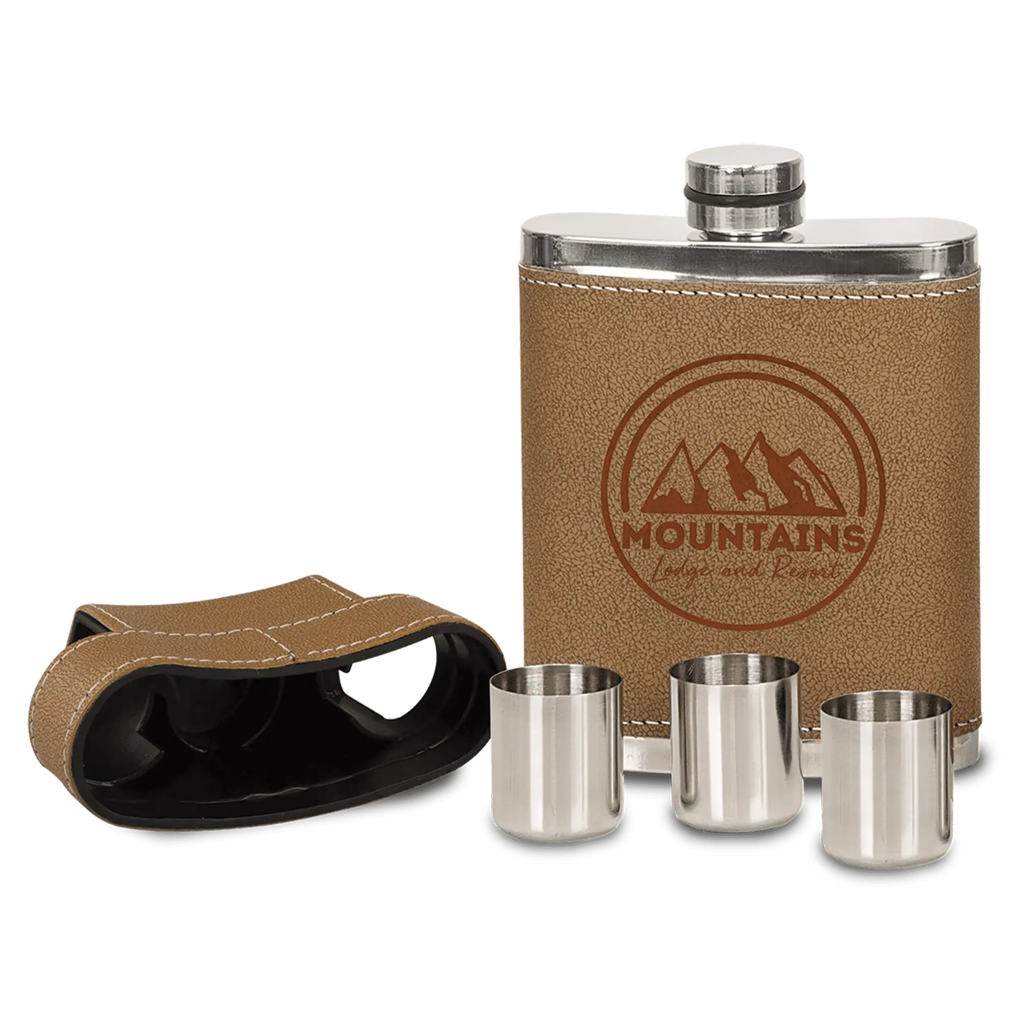7 oz. Leather Flask with Lid & 3 Shot Glasses JDS