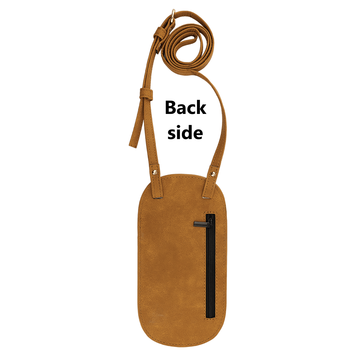 Back of tan Creekside leatherette phone crossbody bag showing rear zipper pocket