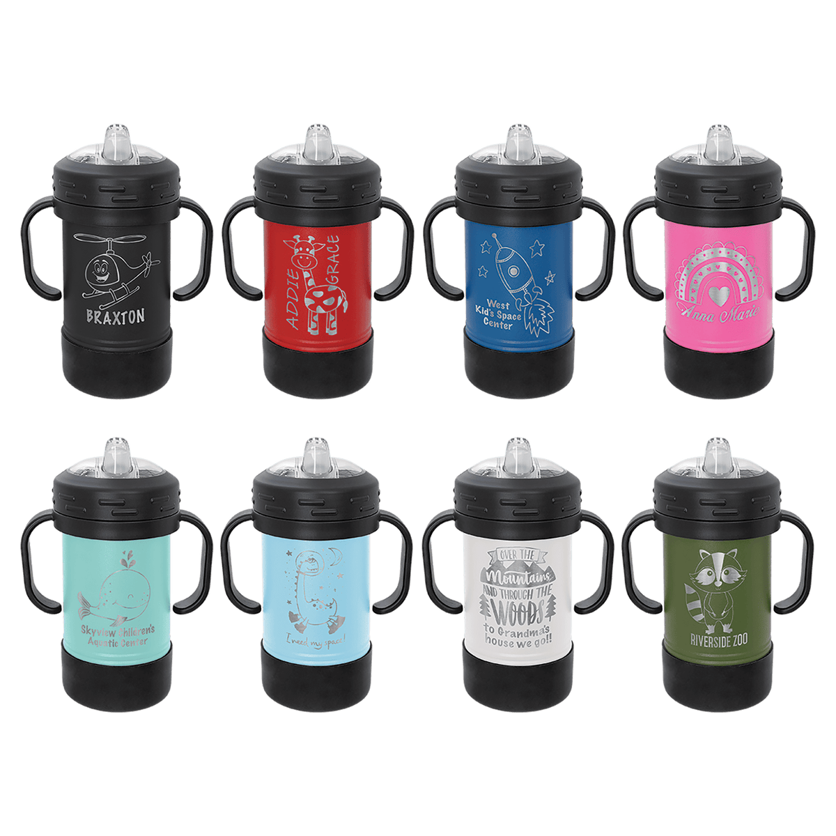 A collection of eight personalized 10 oz insulated sippy cups in various colors, each featuring unique engravings. The cups display names and playful designs, showcasing a practical and fun way for children to enjoy their beverages.