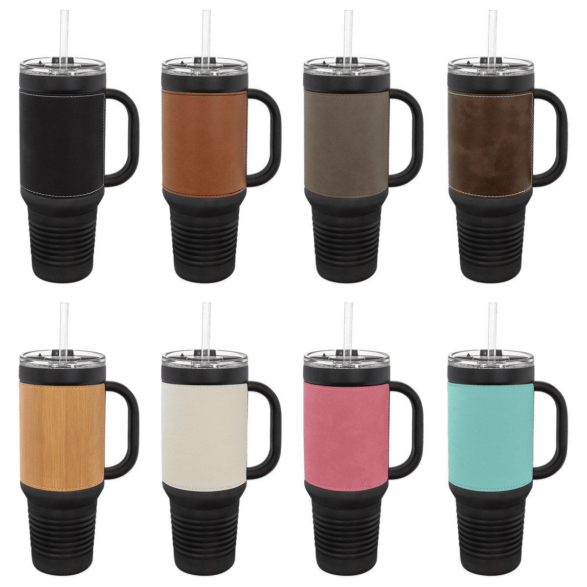 Set of insulated travel mugs with handles and straws in various colors.