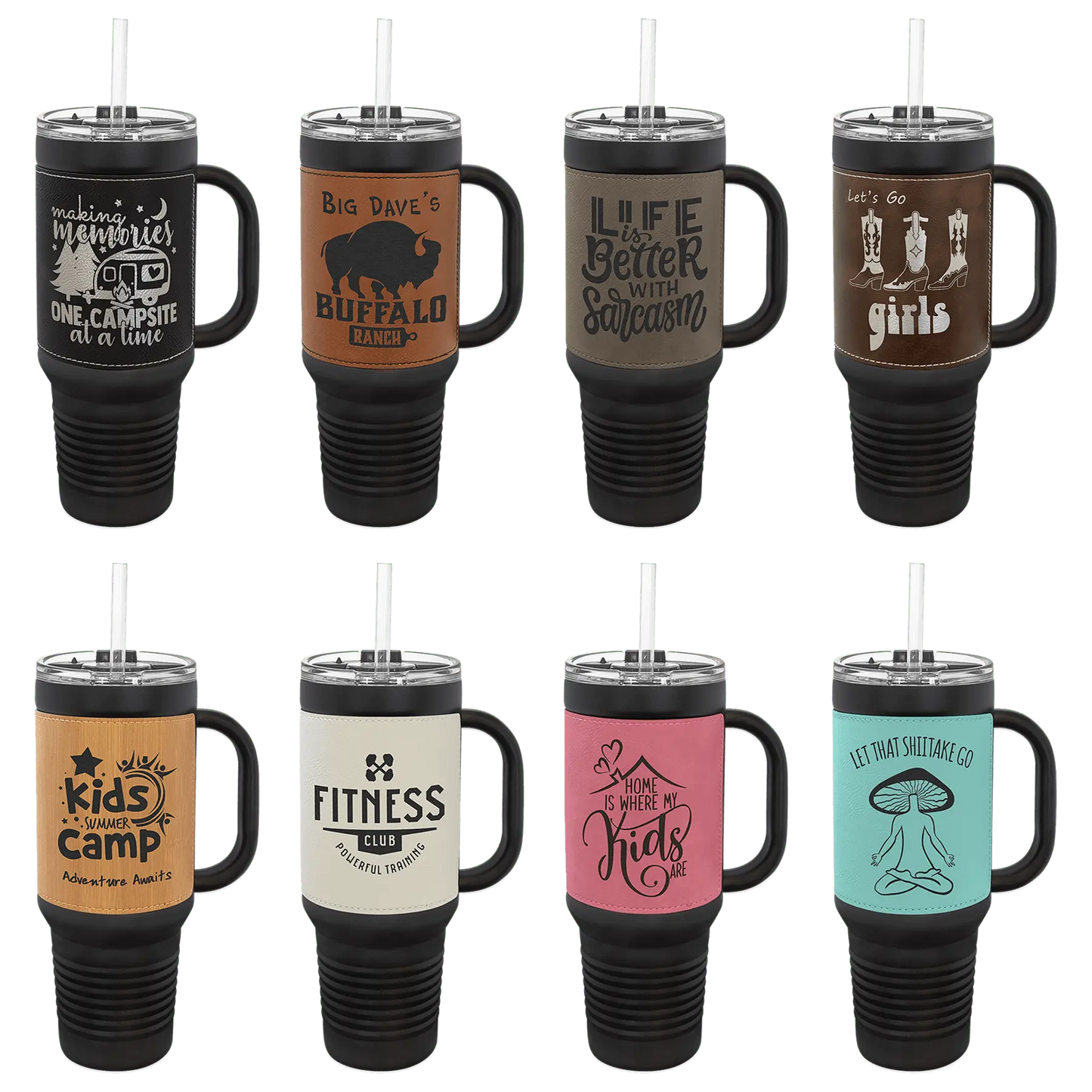 40 oz - Leather Wrapped - Travel Mug with Handle, Straw Included - Custom JDS