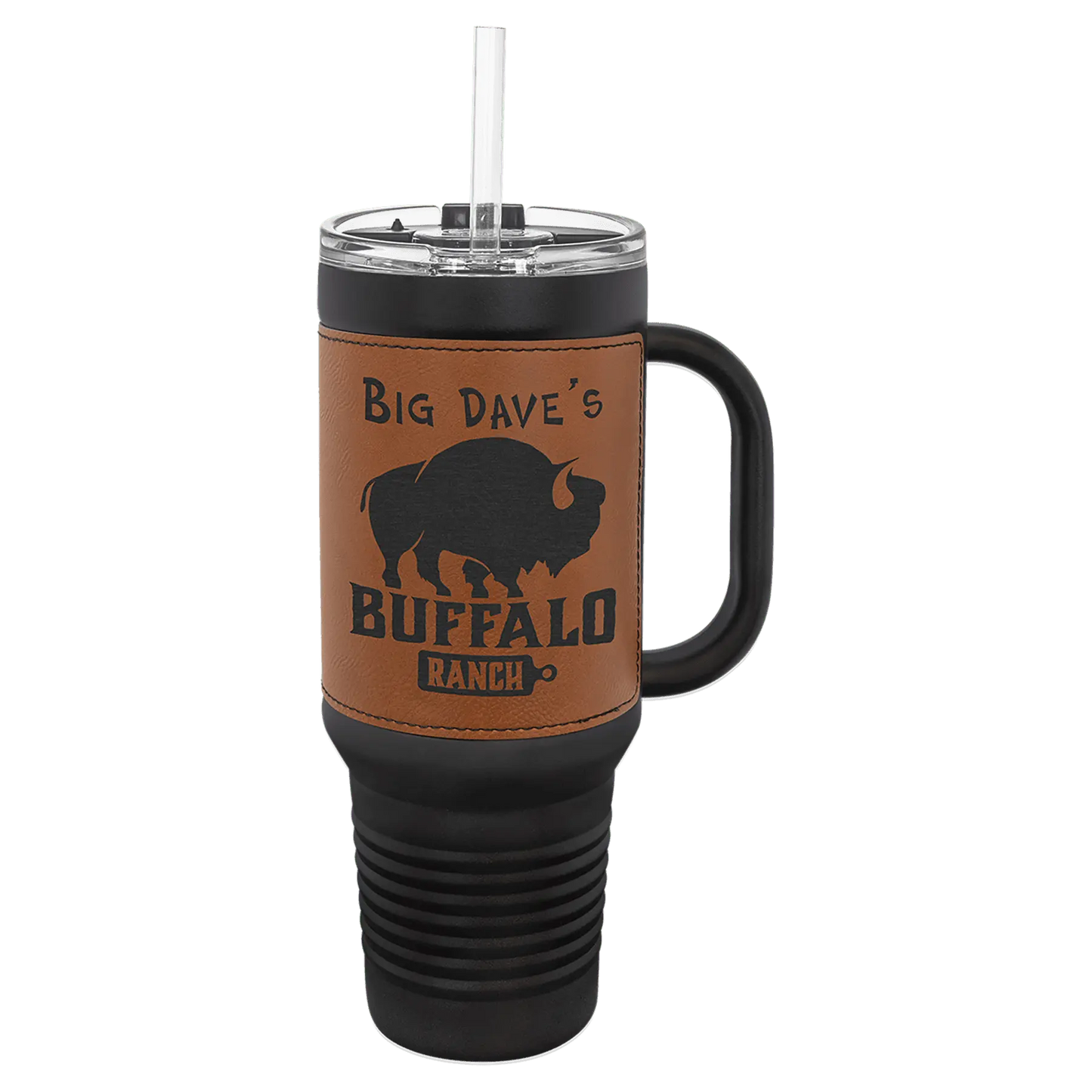 40 oz - Leather Wrapped - Travel Mug with Handle, Straw Included - Custom JDS