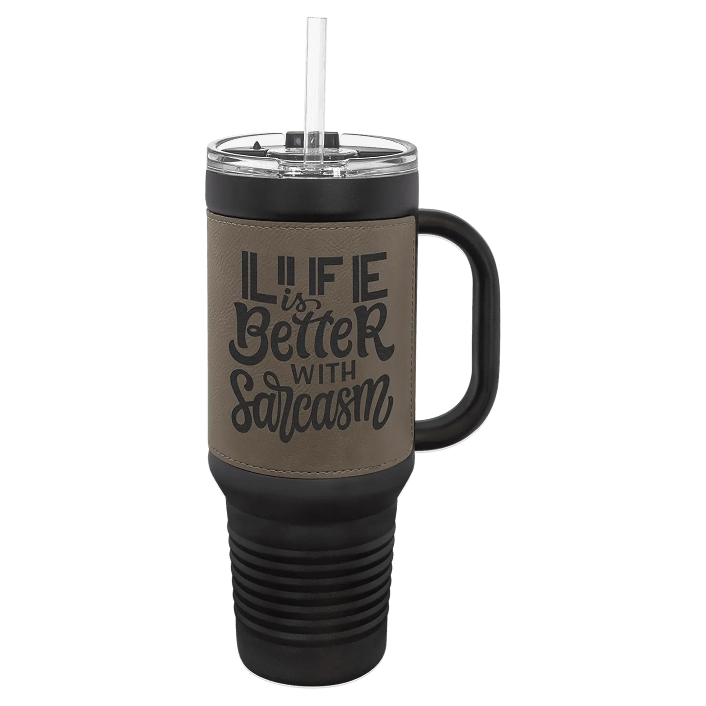 40 oz - Leather Wrapped - Travel Mug with Handle, Straw Included - Custom JDS